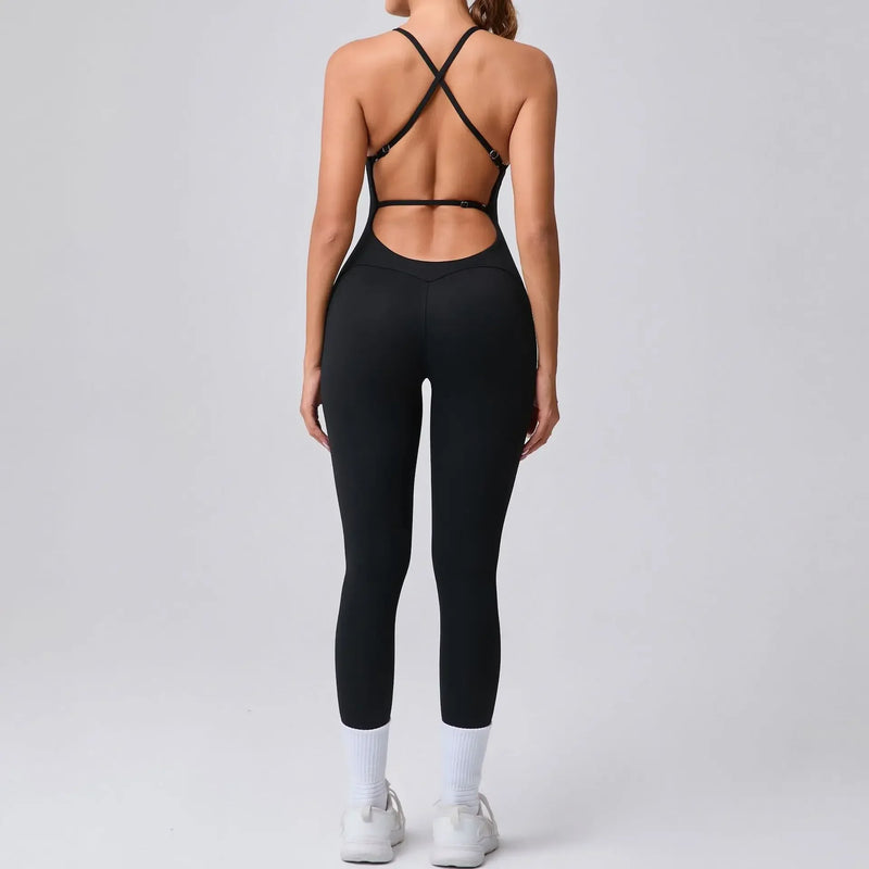 Seamless Yoga Jumpsuit Feminino Fitness – Macacão Esportivo com Alças Cruzadas, Realce do Bumbum e Ajuste Justo para Treino e Academia