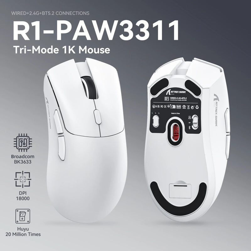Attack Shark R1 – Mouse Gamer 18K DPI, RGB, Bluetooth + 2.4G + Fio