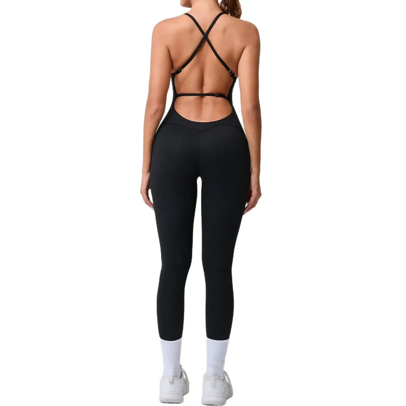 Seamless Yoga Jumpsuit Feminino Fitness – Macacão Esportivo com Alças Cruzadas, Realce do Bumbum e Ajuste Justo para Treino e Academia