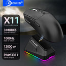 X11 PAW3311 Mouse sem fio tri-modo Bluetooth Mouse para jogos 12000 DPI RGB Touch Base de carregamento magnética BT/2.4G/com fio