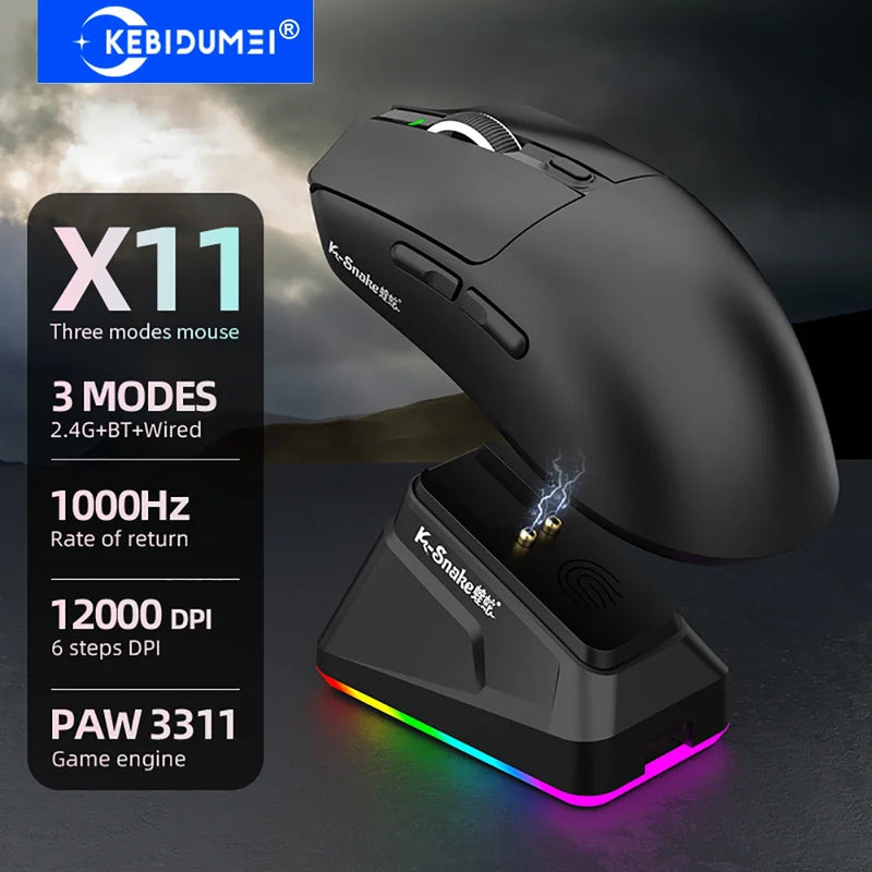 X11 PAW3311 Mouse sem fio tri-modo Bluetooth Mouse para jogos 12000 DPI RGB Touch Base de carregamento magnética BT/2.4G/com fio