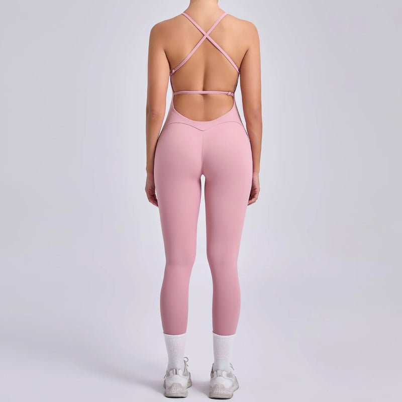 Seamless Yoga Jumpsuit Feminino Fitness – Macacão Esportivo com Alças Cruzadas, Realce do Bumbum e Ajuste Justo para Treino e Academia