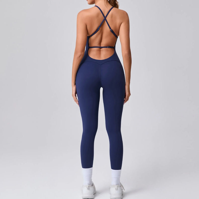 Seamless Yoga Jumpsuit Feminino Fitness – Macacão Esportivo com Alças Cruzadas, Realce do Bumbum e Ajuste Justo para Treino e Academia