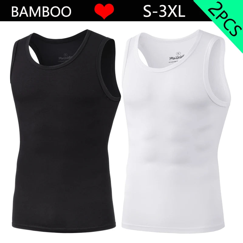 Kit 2 Regatas Masculinas Sem Manga Academia – Camiseta Dry Fit Compressão em Fibra de Bambu Premium